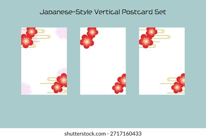 Ein Postkartenset im vertikalen Format im japanischen Stil, das von traditioneller Ästhetik inspiriert ist. Perfekt für Neujahrskarten, saisonale Grüße und Kurznachrichten, sodass es sich für elegante Korrespondenz- und Kulturpapierdesigns eignet.