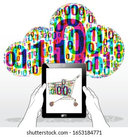 A vertically held Tablet PC with “Binary Shopping cart” on screen. A "Binary Data Cloud" icon sits in the illustration background casting a light drop shadow. 