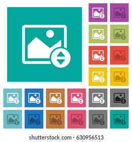 Vertically move image multi colored flat icons on plain square backgrounds. Included white and darker icon variations for hover or active effects.