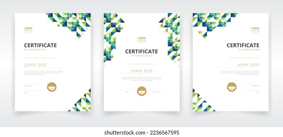 Vertically oriented modern and professional certificate template set with green and blue colored artwork that can be used in educational or business sector
