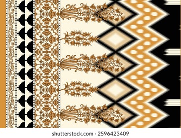 A vertically oriented textile pattern featuring a mix of geometric and floral designs with a color palette of beige, black, and gold, for textile, wallpaper, gift wrapping, print