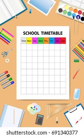 Vertically oriented vector with school timetable surrounded by school equipment on the orange background.
