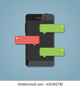 A vertically positioned smartphone with a dark screen and instant message on it. Incoming and outgoing SMS with user icons. Dialog in the application.