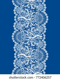 Vertically seamless blue background with lace ribbon