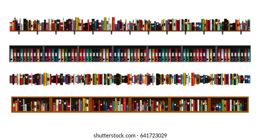 Vertically seamless book shelves border design elements set. Vector illustration bookshelves divider for advertisement, web, game. Paper book, reading, education, office archive, library borders.