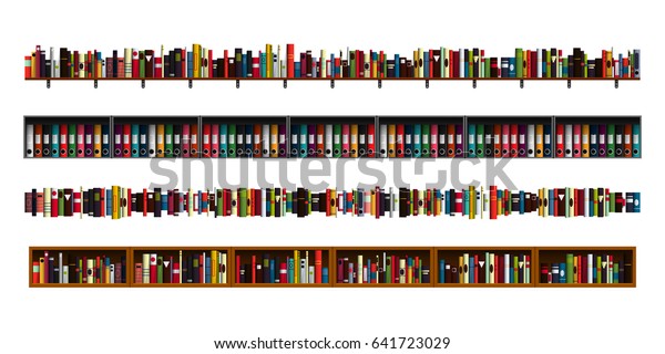 Vertically seamless book shelves border design
elements set. Vector illustration bookshelves divider for
advertisement, web, game. Paper book, reading, education, office
archive, library
borders.