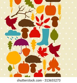 Vertically seamless pattern with autumn icons and objects.