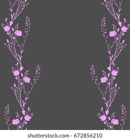 Vertically seamless pattern with floral motifs. Vertical border. Bouquets of silhouetted wild flowers. Pink on dark gray.