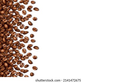 Vertically seamless vector background with top view of scattered roasted coffee beans over a white surface with empty space. Blank frame template for cafes and restaurants.