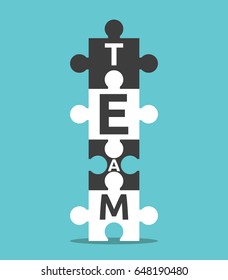 Vertically stacked puzzles with team word. Teamwork, partnership and cooperation concept. Flat design. EPS 8 compatible vector illustration, no transparency, no gradients