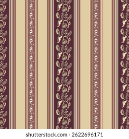 Um design listrado verticalmente sem costura combinando florais Rococo e alternando tons de azeitona e ameixa mudo. Decorativo e estruturado.