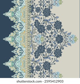A vertically-oriented textile pattern featuring floral and ornamental designs, for textile, wallpaper, gift wrapping, print