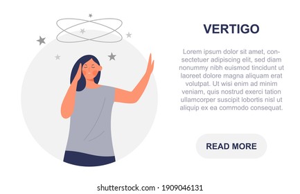 Vertigo banner template - Young woman touching her temple, leaning on wall - Sick female character having fainting, dizziness - Healthcare concept, vector flat illustration, landing page