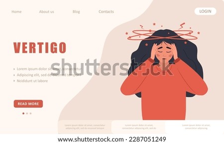 Vertigo concept. Landing page template. Sad woman with dizziness. Unhappy girl suffers from headache. Lack of iron in immune system. Vector illustration in flat cartoon style.