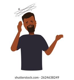 Conceito de vertigem, jovem se sentindo tonto, sofrendo de vertigem, estrelas girando ao redor da cabeça, perda de equilíbrio, problemas de saúde