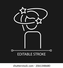 Vertigo white linear icon for dark theme. Panic attack and mental disorders symptom. Health problem. Thin line customizable illustration. Isolated vector contour symbol for night mode. Editable stroke