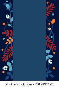 Vertival dark-blue autumn background for the inscription. Cute frame with leaves, bats and eyes. Vector illustration.