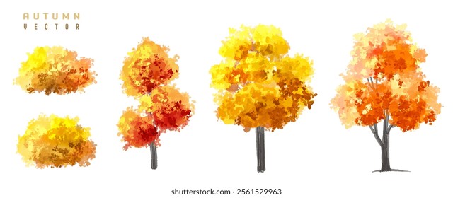 Vertor set of autumn tree,plants side view for landscape elevation and section,eco environment concept design,watercolor ginkgo tree illustration,colorfull
 season