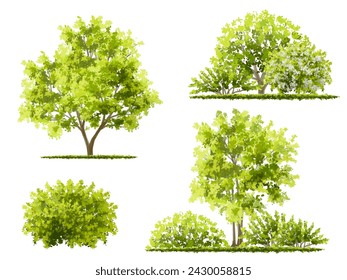 Vertor set of green tree,plants side view for landscape elevations,element for backdrop,eco environment concept design,watercolor greenery scene