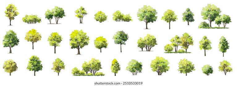 Vertor set of green tree,plants side view for landscape elevations,element for backdrop,eco environment concept design,watercolor greenery scene,shrub