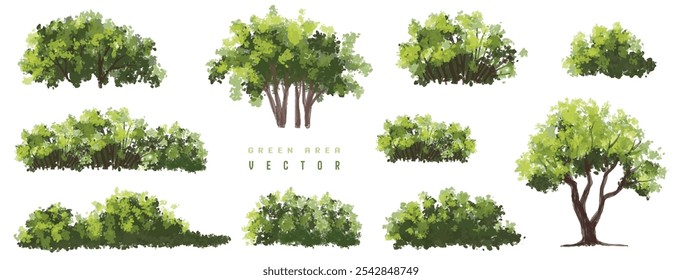 Vertor set of green tree,plants side view for landscape elevations,element for backdrop,eco environment concept design,watercolor greenery scene,shrub