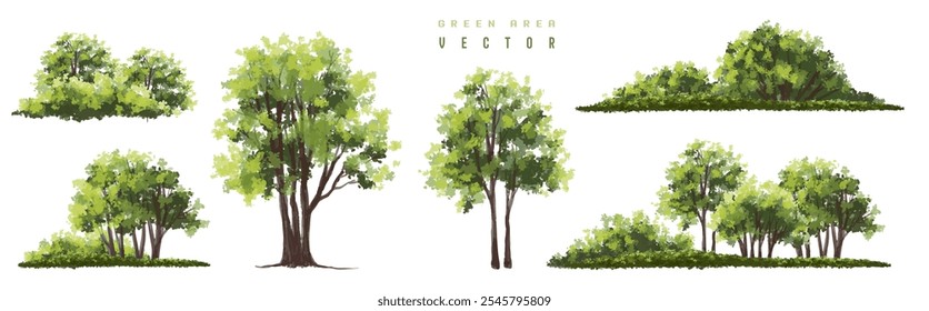 Vertor conjunto de árvore verde, plantas vista lateral para elevações de paisagem, elemento para pano de fundo, projeto de conceito de ambiente ecológico, aquarela cena verde, arbusto