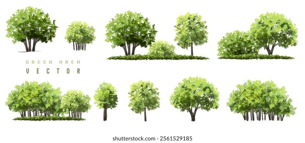 Vertor set of green tree,plants side view for landscape elevations,element for backdrop,eco environment concept design,watercolor greenery scene,shrub