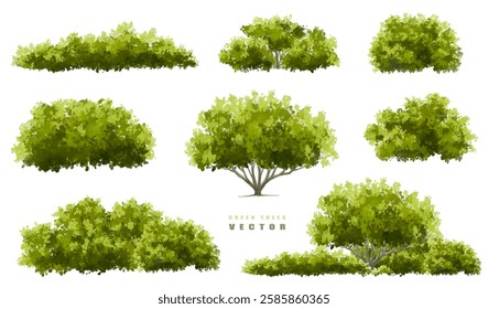 Vertor set of green tree,plants side view for landscape elevations,element for backdrop,eco environment concept design,watercolor greenery scene,shrub
