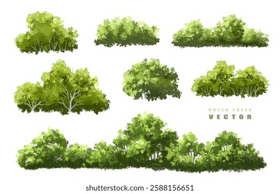 Vertor set of green tree,plants side view for landscape elevations,element for backdrop,eco environment concept design,watercolor greenery scene,shrub