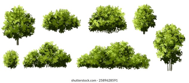 Vertor set of green tree,plants side view for landscape elevations,element for backdrop,eco environment concept design,watercolor greenery scene,shrub