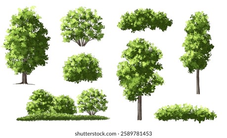 Vertor set of green tree,plants side view for landscape elevations,element for backdrop,eco environment concept design,watercolor greenery scene,shrub