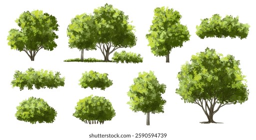 Vertor set of green tree,plants side view for landscape elevations,element for backdrop,eco environment concept design,watercolor greenery scene,shrub