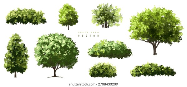 Conjunto de vector de árbol verde, vista lateral de plantas para elevaciones de paisaje, elemento para telón de fondo, diseño de concepto de medio ambiente ecológico, escena de verdor de acuarela