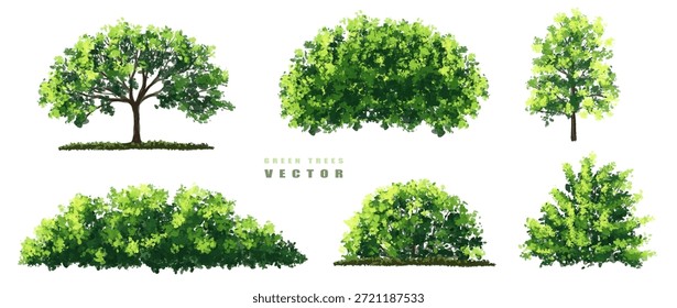 Vertor set of green tree,plants side view for landscape elevations,element for backdrop,eco environment concept design,watercolor greenery scene