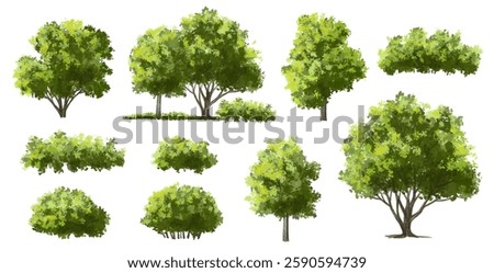 Vertor set of green tree,plants side view for landscape elevations,element for backdrop,eco environment concept design,watercolor greenery scene,shrub