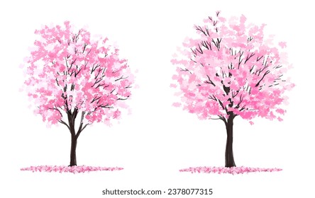 Vertor set of spring blossom tree,bloomimg plants side view for landscape elevation and section,eco environment concept design,watercolor sakura illustration,colorful season