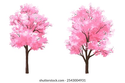 Vertor conjunto de flor de primavera árvore, plantas floridas vista lateral para a elevação da paisagem e seção, projeto de conceito de ambiente ecológico, aquarela arbusto ilustração, estação colorida