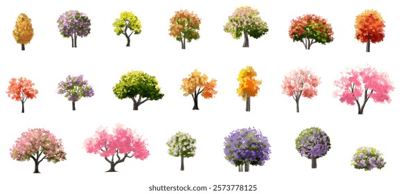 Vertor set of spring blossom tree,blooming plants side view  for landscape elevation and section,eco environment concept design,watercolor shrub illustration,colorful season