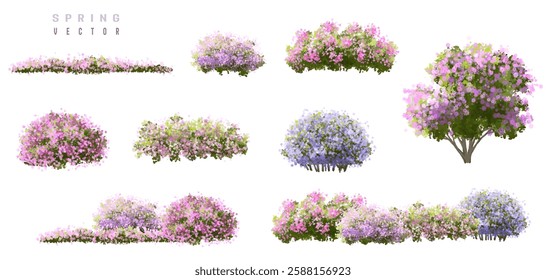 Vertor set of spring blossom tree,blooming plants side view  for landscape elevation and section,eco environment concept design,watercolor shrub illustration,colorful season