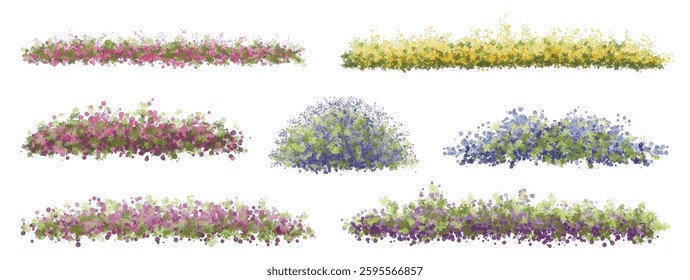 Vertor set of spring blossom tree,blooming plants side view  for landscape elevation and section,eco environment concept design,watercolor shrub illustration,colorful season