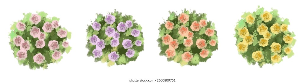 Vertor set of spring blossom tree,blooming plants side view  for landscape elevation and section,eco environment concept design,watercolor shrub illustration,colorful season