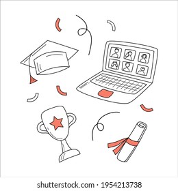 Vertische Abschlüsse im Doodle-Stil. Vektorgrafik in zwei Farben mit süßen Elementen. Graduation Online Konzept. Perfekt für universitäre Poster, Flyer, App oder Website