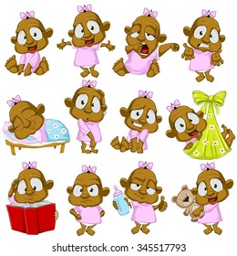 Very adorable black skin baby girl character set with different poses and emotions isolated on white background