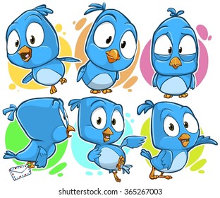 Very adorable blue cartoon bird character set with different poses and emotions isolated on background