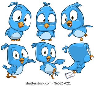 Very adorable blue cartoon bird character set with different poses and emotions isolated on white background