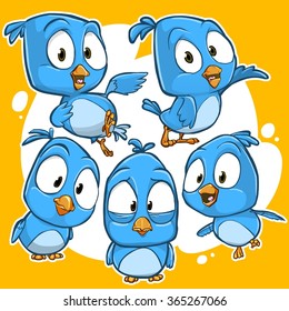 Very adorable blue twitter cartoon bird character set with different poses and emotions