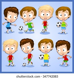 Very adorable boy character set with different poses playing football