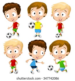 Very adorable boy character set with different poses playing football