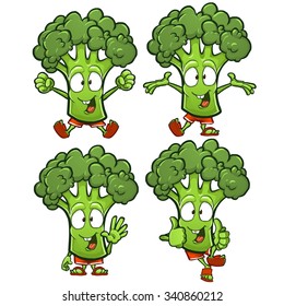 Very adorable broccoli cartoon character set with different emotions and poses isolated on white background