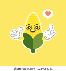 Muy adorable personaje de maíz. Cute maíz gracioso al estilo kawai de caricatura. Aislamiento de vectores en el fondo de color